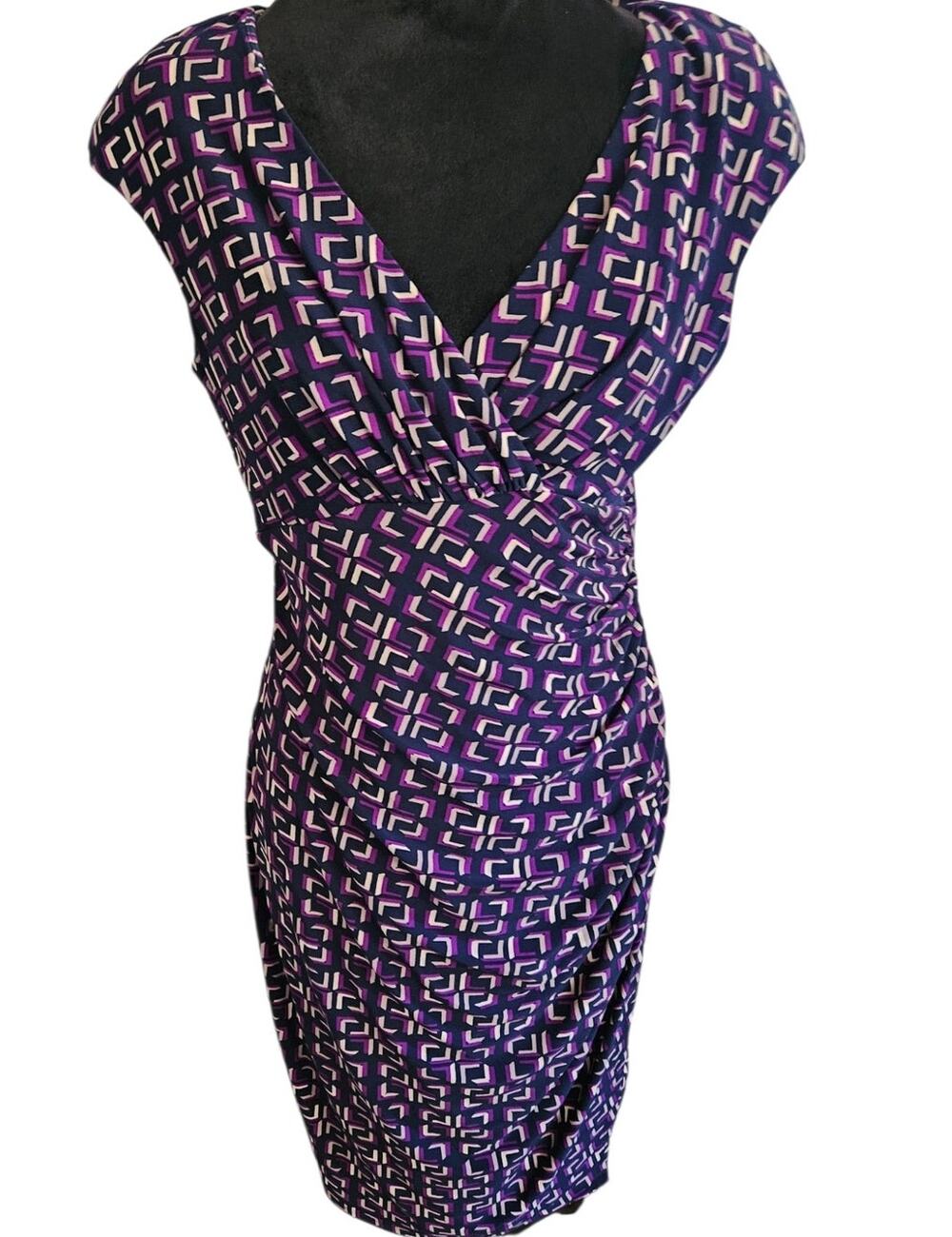 Lauren Ralph Lauren Geometric Print Ruched Cap Sleeve Faux Wrap Dress Sz 8